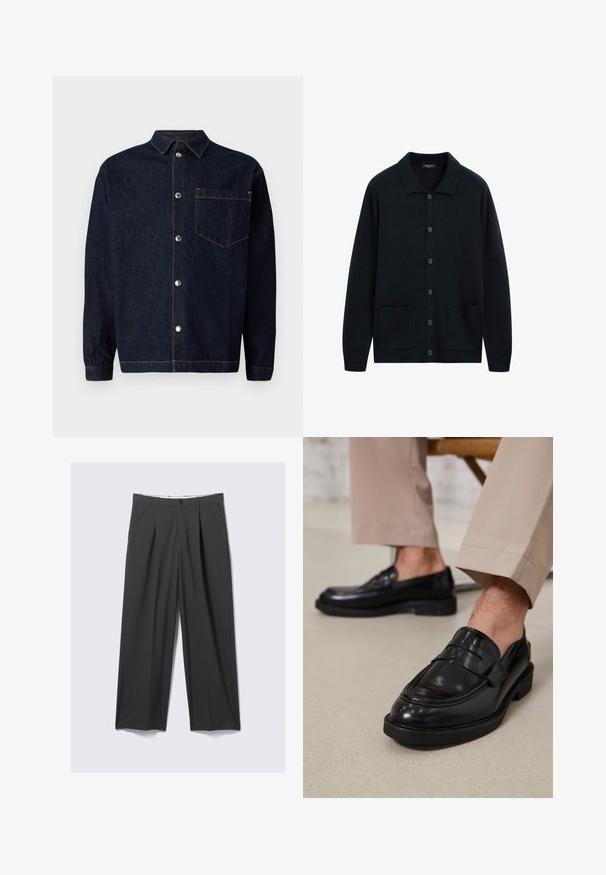 Donkerblauwe button-up cardigan van zachte stof met een gestructureerde kraag, twee voorzakken en een ontspannen pasvorm.; Donkerblauwe denim overhemdjack met een vooraan sluiting met knopen, puntige kraag, borstzak en contrasterende oranje stiksels.; Grijze, brede broek met plooien. Gemaakt van een soepele stof, met een sluiting met knoop aan de voorkant en riemlussen. Plat voorpand ontwerp.; Zwarte leren loafers met een gladde afwerking, voorzien van een decoratieve band en contrasterende stiksels, gecombineerd met beige broeken.