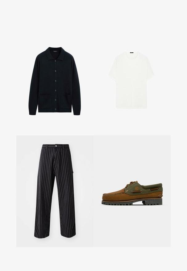 Dunkelblaues Button-up-Kardigan aus weichem Stoff mit strukturiertem Kragen, zwei Fronttaschen und lockerer Passform.; Weißes T-Shirt mit kurzen Ärmeln aus weichem Stoff. Es hat einen klassischen Rundhalsausschnitt und eine gerade Schnittführung, ohne sichtbare Muster oder Akzente.; Marine gestreifte Hosen mit weitem Bein, aus einem Stoff mit vertikalen weißen Streifen, mit Knopf- und Reißverschlussöffnung sowie seitlichen Taschen.; Braune Lederschuhe mit grünen Textilakzenten. Verfügen über ein Mokassin-Design, gesticktes Logo und eine robuste Gummisohle mit tiefem Profil.