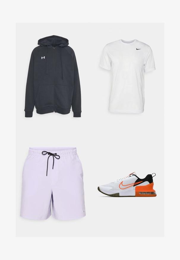 Tumehall kašmiri jakker, mis on valmistatud pehmest materjalist. Omab kapuutsi, esiseid taskuid ja valget logo vasakul rinnal. Pikkade varrukatega.; Valge lühikeste varrukatega t-särk, mis on valmistatud siledast kangast. Omab ümmargust kaelust ja väikest musta Nike logo vasakul rinnal.; Lilla ujumispüksid elastse vöökoha ja musta paelaga. Sile kangas, millel on logo aktsent alumises vasakus nurgas.; Valge sportlik king, millel on tekstuuriga võrkkangas, mustad ja oranžid detailid, paks kummitald ja selge õhukambriga osa kanna juures.