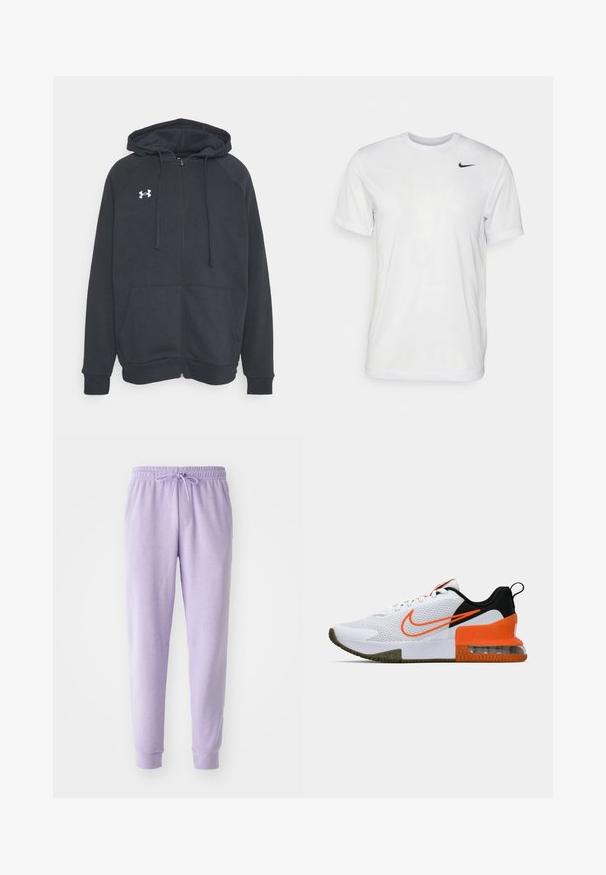 Tummanharmaa vetoketjullinen huppari, joka on valmistettu pehmeästä materiaalista. Siinä on huppu, etutaskut ja valkoinen logo vasemmassa rintataskussa. Pitkät hihat.; Valkoinen lyhythihainen t-paita, joka on valmistettu sileästä kankaasta. Ominaisuuksina pyöreä kaula-aukko ja pieni musta Nike-logo vasemmassa rinnassa.; Laventelin väriset verkkarit, joissa on joustava vyötärö ja säädettävä naru. Ominaisuuksina kapeampi malli ja ribbireunat. Pehmeä kangas.; Valkoinen urheilukenkä, jossa on ristikkopintainen yläosa, mustia ja oransseja yksityiskohtia, paksu kumipohja ja selkeä ilmatyynyosa kantapäässä.
