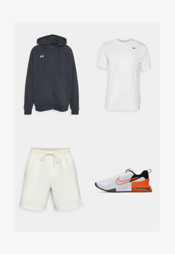 Tumehall kašmiri jakker, mis on valmistatud pehmest materjalist. Omab kapuutsi, esiseid taskuid ja valget logo vasakul rinnal. Pikkade varrukatega.; Valge lühikeste varrukatega t-särk, mis on valmistatud siledast kangast. Omab ümmargust kaelust ja väikest musta Nike logo vasakul rinnal.; Kreemivalged puuvillased lühikesed püksid elastse vöökoha ja paelaga, esiküljel on tasku ja väikese logo detail allservas.; Valge sportlik king, millel on tekstuuriga võrkkangas, mustad ja oranžid detailid, paks kummitald ja selge õhukambriga osa kanna juures.