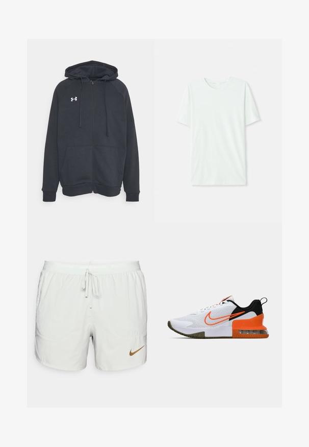 Tmavošedá mikina na zips vyrobená z mäkkého materiálu. Má kapucňu, predné vrecká a biele logo na ľavej hrudi. Dlhé rukávy.; Svetlo mentolová kráťacia tričko s krátkym rukávom vyrobené z jemnej látky. Má okrúhly výstrih a jednoduchý, rovný strih bez ozdôb.; Svetlo šedé bežecké šortky s elastickým pásom a šnúrkou na sťahovanie. Obsahujú dve bočné vrecká a malú bronzovú Nike logo vpredu.; Biele športové topánky s textúrovaným sieťovaným zvrškom, čiernymi a oranžovými akcentmi, hrubou gumovou podrážkou a priesvitnou vzduchovou vankúšikovou časťou na päte.