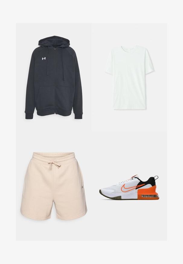 Tummanharmaa vetoketjullinen huppari, joka on valmistettu pehmeästä materiaalista. Siinä on huppu, etutaskut ja valkoinen logo vasemmassa rintataskussa. Pitkät hihat.; Vihreä mintun värinen lyhythihainen t-paita, joka on valmistettu pehmeästä kankaasta. Siinä on pyöreä kaula-aukko ja yksinkertainen, suora leikkaus ilman koristeita.; Beige puuvillashortsit, joissa on joustava vyötärö, säädettävä nauha ja kaksi sivutaskua. Sivussa on pieni logo.; Valkoinen urheilukenkä, jossa on ristikkopintainen yläosa, mustia ja oransseja yksityiskohtia, paksu kumipohja ja selkeä ilmatyynyosa kantapäässä.