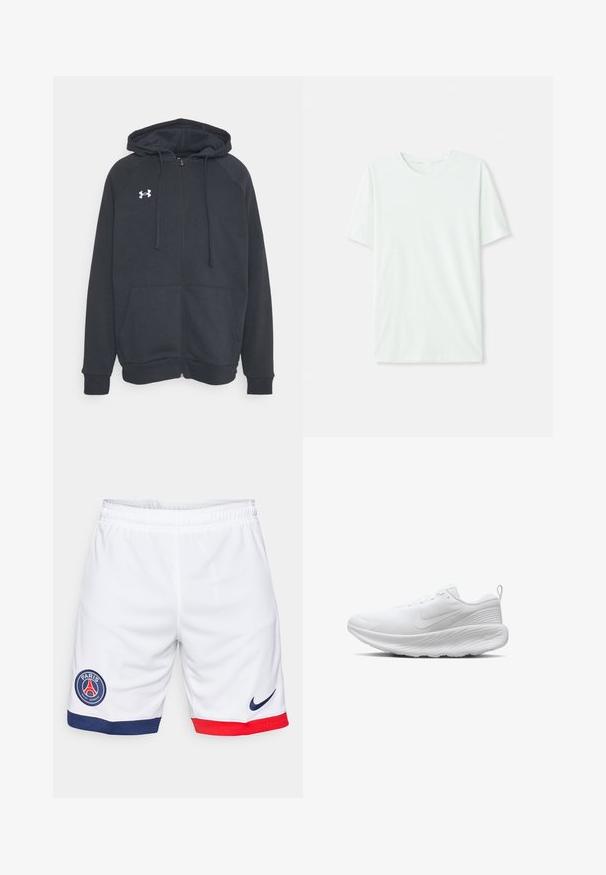 Donkergrijze zip-up hoodie gemaakt van zacht materiaal. Bevat een capuchon, zijzakken en een wit logo op de linkerborst. Lange mouwen.; Licht mintgroen T-shirt met korte mouwen, gemaakt van zachte stof. Het heeft een ronde halslijn en een simpele, rechte snit zonder versieringen.; Witte sportshorts van lichtgewicht stof, met een blauw en rood accent aan de zoom en een rond Paris Saint-Germain logo. Nike-logo in marineblauw.; Nike Performance PROMINA - Sportieve wandelschoenen - white pure platinum