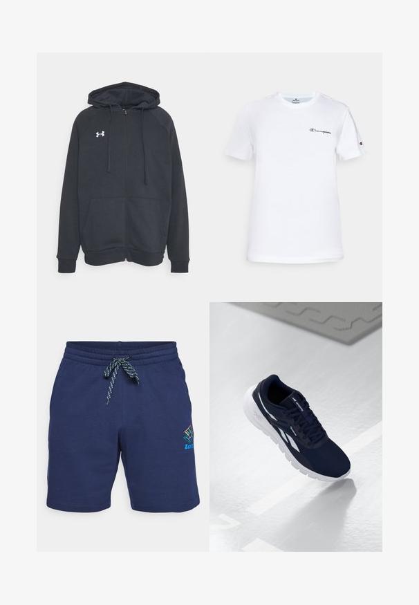 Mörkgrå zip-up hoodie gjord av mjukt material. Har en huva, framfickor och en vit logotyp på vänster bröstområde. Långa ärmar.; Vit bomull t-shirt med rundad halsringning, korta ärmar och en svart broderad "Champion"-logotyp på bröstet och som accent på ärmen.; Mörkblå shorts med dragsko i midjan och ett grönt och blått randigt band. Inkluderar en flerfärgad logotyp på sidan.; Marinblå sportskor med en texturerad ovandel, vita detaljer och en vadderad sula. Har en snörning och en logotyp på tungan.