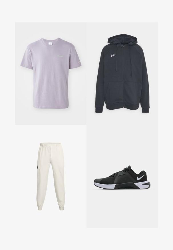 Donkergrijze zip-up hoodie gemaakt van zacht materiaal. Bevat een capuchon, zijzakken en een wit logo op de linkerborst. Lange mouwen.; Lichtpaarse katoenen t-shirt met ronde hals, korte mouwen en een klein groen logo op de borst, samen met een accent van het logo op de mouw.; Lichtbeige joggerbroeken met een elastische tailleband, zijzakken en geribde manchetten; voorzien van een zwart logo accent op de linkse heup.; Nike Performance METCON 10 - Trainingsschoen - black/white/anthracite