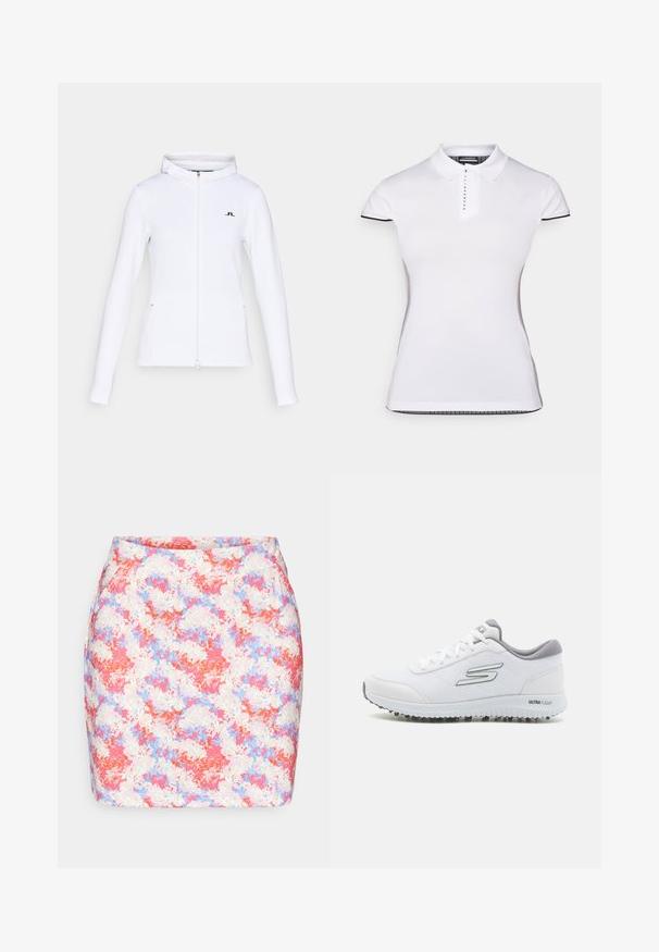Bijela dukserica sa zipom napravljena od glatkog, rastezljivog materijala. Ima prilagođen dizajn, podstavljenu kapuljaču i mali crni logo na grudima.; Bijela polo majica s kratkim rukavima, ovratnikom i prednjim dugmadi. Crni detalji na rukavima i bočnim šavovima. Mekana, glatka tekstura.; Šarena cvjetna mini suknja s prilagođenim krojem, koja sadrži nijanse ružičaste, plave i bijele uzorke na mekanom materijalu.; Bijele sportske tenisice s teksturiranim mrežastim gornjim dijelom, srebrnim akcentima i laganom suprotnošću s malim bravama za prijanjanje, označene 'ULTRA FLIGHT'.