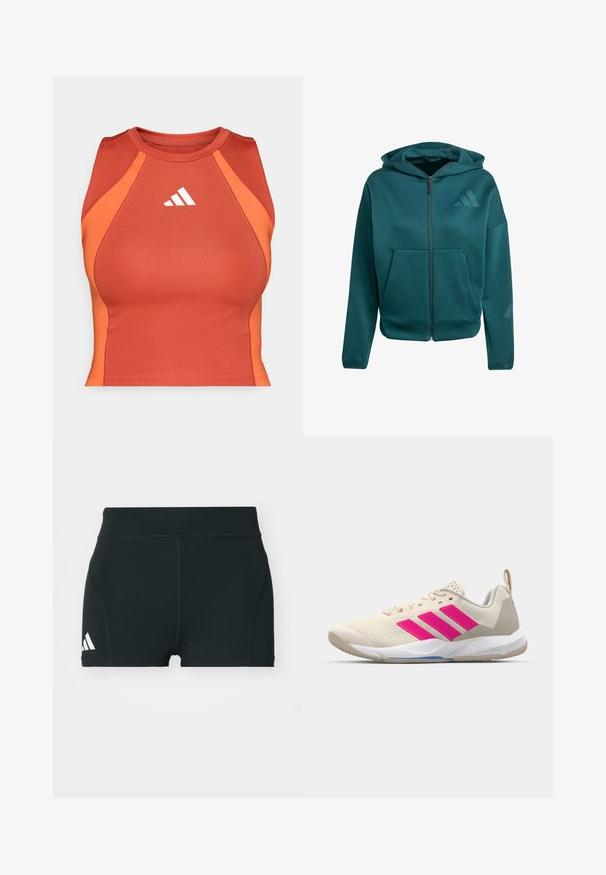 Green zip-up hoodie made from soft fabric. Features a front pocket, a hood, and a small logo on the chest. Smooth texture and relaxed fit.; Orange athletic crop top made of smooth, stretchy material. Features a racerback design and white logo on the front.; Black athletic shorts made of stretchy fabric, featuring a high waistband, fitted shape, and white Adidas logo on the left side.; Beige athletic shoe with pink three-stripe logo, textured mesh upper, padded collar, and white rubber sole, featuring "LIGHTSTRIKE" branding.