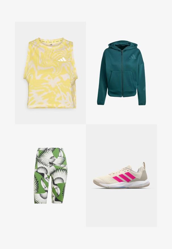 Groene rits-houthie van zachte stof. Kenmerken zijn een voorkant vak, een capuchon en een klein logo op de borst. Soepele textuur en een relaxte pasvorm.; Geel mouwloos crop top met abstract wit patroon, ronde halslijn en subtiele logo-detail in het wit op de voorkant. Zachte stoftextuur.; Groene fietsshorts met een zwart-wit toekanprint. Het materiaal heeft een gladde textuur met een aansluitend ontwerp en een lengte tot halverwege de dij.; Beige sportshoe met een roze drie-strepen logo, een textuur-mesh bovenkant, een gevoerde kraag en een witte rubberen zool, met "LIGHTSTRIKE" branding.