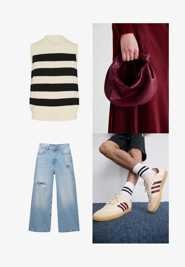 Beige stickad cardigan med V-ringning, med framslitsar, långa ärmar och ribbade muddarna. Mjuk textur och mysig design.; Ärm-lös stickad topp i krämfärgad och svart randig design. Har rund halsringning och en avslappnad passform med en mjuk textur.; Vit ribbad tyg med en slät struktur och vertikala linjer, med lätt elastiskt motstånd, lämplig för figurnära plagg.; Ljusblå vida jeans i denim, med slitna partier vid knäna och design med fem fickor. Ren, rak nederkant.; Beige sneakers med kastanjebranschiga ränder, texturerad ovandel och gummisulor, i kombination med ribbade vita strumpor med svarta ränder.; Burgundy läderhandväska med en mjuk, samlad design och rundad form. Handtaget är säkrat och visar en slät yta.