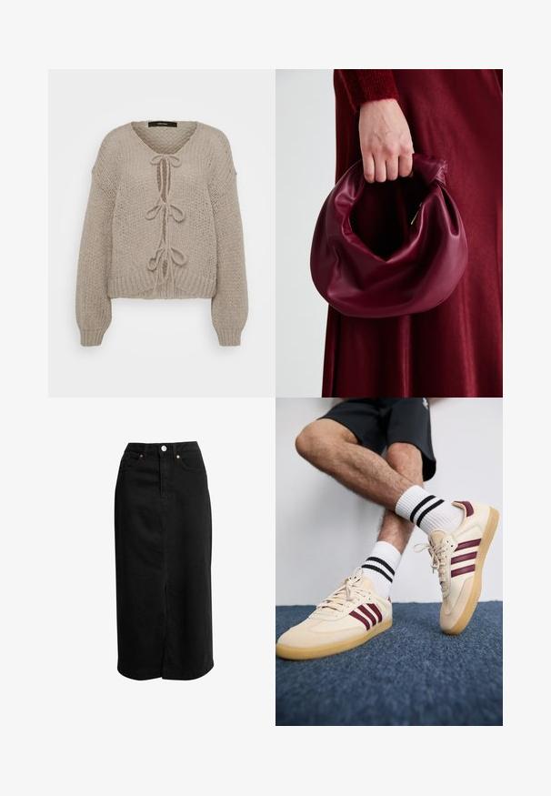 Cárdigan de punto beige con escote en V, que cuenta con lazos delanteros, mangas largas y puños acanalados. Textura suave y diseño acogedor.; Tela blanca acanalada con una textura suave y líneas verticales, con un ligero estiramiento, adecuada para prendas ajustadas.; Falda midi de mezclilla negra con corte recto, abertura frontal y cierre de botones en el frente. Presenta dos bolsillos laterales y acentos de costura mínimos.; Zapatillas beige con rayas burdeos, parte superior texturizada y suela de goma, combinadas con calcetines blancos acanalados con rayas negras.; Bolso de cuero burdeos con un diseño suave y recogido y una forma redondeada. La asa está asegurada, mostrando una textura lisa.; Pendientes de metal tono plateado que presentan dos diseños: un aro circular retorcido y un botón circular liso. La superficie reflectante realza la elegancia.