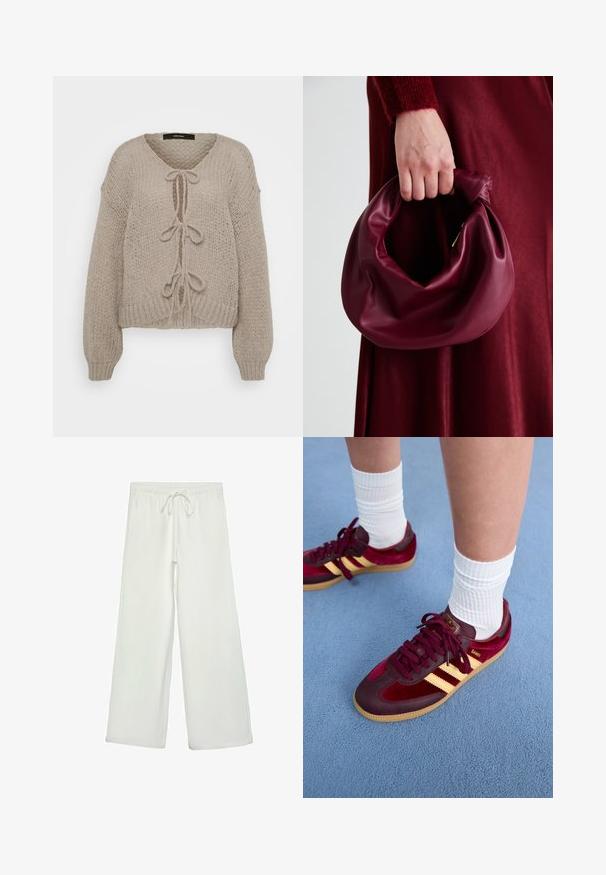 Beige neulejakku, jossa on V-kaula-aukko, etuosan nauhat, pitkät hihat ja ribbireunat. Pehmeä texture ja mukava muotoilu.; Valkoinen ribbikangas, jossa on sileä pinta ja pystysuorat viivat, hieman joustava, sopii vartaloa myötäileville vaatteille.; Valkoiset leveälahkeiset housut pehmeästä kankaasta. Varustettu joustavalla vyötäröllä ja nyörillä sekä sileällä pinnalla. Ei näkyviä kuvioita tai tarvikkeita.; Marron nahka- ja mokkanahkalenkkarit, joissa on keltaiset raidat ja kumipohja. Valkoiset ribbineuleiset sukat näkyvät nilkan yläpuolella, sinisellä teksturoidulla pinnalla.; Burgundy-nahkakäsilaukku, jossa on pehmeä, ryppyinen muotoilu ja pyöreä muoto. Kahva on kiinnitetty tukevasti, ja siinä on sileä pinta.