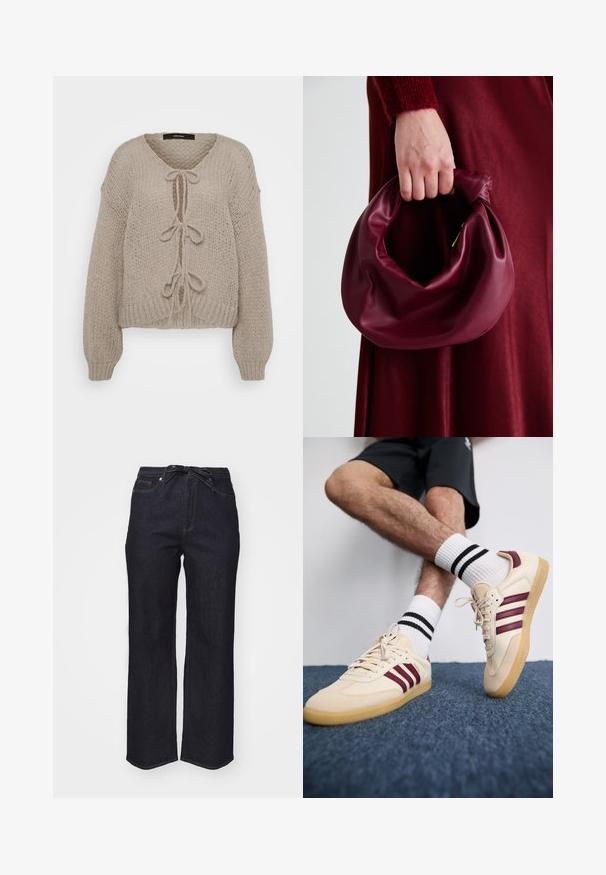 Cárdigan de punto beige con escote en V, que cuenta con lazos delanteros, mangas largas y puños acanalados. Textura suave y diseño acogedor.; Tela blanca acanalada con una textura suave y líneas verticales, con un ligero estiramiento, adecuada para prendas ajustadas.; Pantalones vaqueros de mezclilla azul oscuro con una cintura alta, pierna ancha y un cinturón de lazo. Presenta costuras estándar y un dobladillo limpio.; Zapatillas beige con rayas burdeos, parte superior texturizada y suela de goma, combinadas con calcetines blancos acanalados con rayas negras.; Bolso de cuero burdeos con un diseño suave y recogido y una forma redondeada. La asa está asegurada, mostrando una textura lisa.