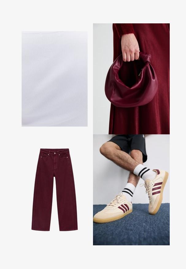 Beige strikket cardigan med V-udskæring, der har frontbindinger, lange ærmer og ribbede manchetter. Blød tekstur og hyggeligt design.; Hvid ribbet stof med en glat tekstur og lodrette linjer, der har en let stræk, velegnet til tætsiddende tøj.; Bordeaux bredde ben jeans lavet af bomuldsdenim, med fire-pocket design og metalknap lukning med matchende syninger.; Beige sneakers med maroon striber, tekstureret overdel og gummigummisål, parret med ribbede hvide sokker med sorte striber.; Bordeaux læderhåndtaske med et blødt, samlet design og en rund form. Håndtaget er sikret og viser en glat tekstur.