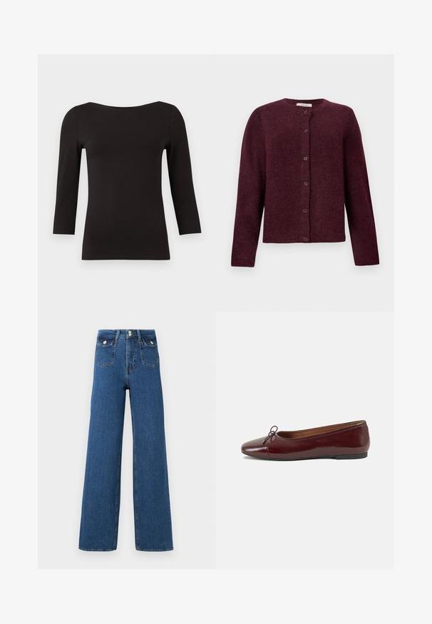 Bordový cardigan vyrobený z měkké látky, s dlouhými rukávy, kulatým výstřihem a šesti knoflíkovým zapínáním vpředu.; Černý top s dlouhým rukávem vyrobený z hladkého, elastického materiálu. Má široký výstřih a přiléhavý střih, bez vzorů nebo ozdob.; Džíny s širokými nohavicemi vyrobené z tmavého denimu. Obsahují dvě přední kapsy a zapínání na knoflíky. Hladký povrch s viditelným švem a strukturovaným tvarem.; Burgundské lakové baleríny s kulatou špičkou, malou mašlí vpředu a nízkou černou gumovou podrážkou. Hladký povrch.