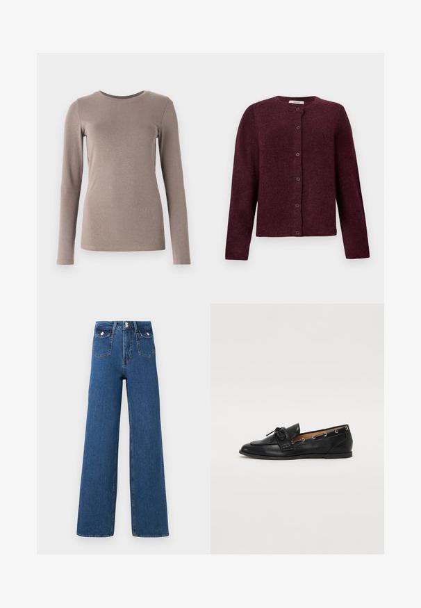 Cardigan maroon dintr-un material moale, cu mâneci lungi, guler rotund și șase nasturi pe față.; GAP CREW - Bluză cu mânecă lungă - grey; Jeans cu picioare largi din denim închise la culoare. Prezentând două buzunare frontale și o închidere cu buton. Textură netedă, cu cusături vizibile și o formă bine definită.; Mocasini din piele neagră cu fundiță legată, având accente aurii sub formă de ochiuri pe laterale și o talpă plată din cauciuc. Textură netedă, design clasic.