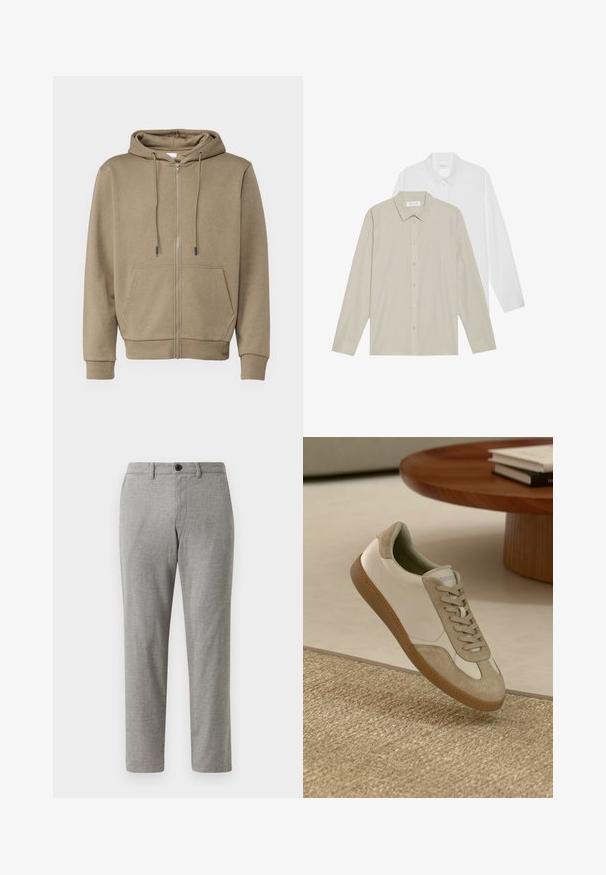 Bež zip-up kapuca, izdelana iz mehkega blaga, z kapuco, dvema sprednjima žepoma in rebrastimi manšetami na rokavih in robu.; Dve srajce z dolgimi rokavi: ena v belem blagu, druga v bež barvi s tankimi navpičnimi črtami. Obe imata ovratnike s gumbi in manšete.; Sive tkanine hlače z ravnim krojem, z gumbom za zapiranje in zankami za pas; gladka tekstura in lahka tkanina za vsakodnevno nošenje.; Lahki športni copat z belim usnjenim zgornjim delom in bež semiš poudarki, okroglo nosnico ter teksturiranim rjavim gumijastim podplatom.