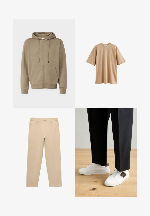 Beżowa bluza z suwakiem, wykonana z miękkiego materiału, z kapturem, dwoma przednimi kieszeniami i żeberkowymi mankietami przy rękawach oraz u dołu.; Beżowa koszulka z krótkim rękawem, wykonana z bawełny, z okrągłym dekoltem i luźnym krojem. Posiada gładką strukturę, bez wzorów czy ozdobników.; Beżowe bawełniane chinosy o prostym kroju nogawki, z zapięciem na przedni guzik, szlufkami na pasek i dwoma bocznymi kieszeniami. Gładka faktura.; Białe trampki o gładkiej fakturze, z brązowymi skórzanymi akcentami i czarnymi detalami, zestawione z czarnymi eleganckimi spodniami. Tło stanowi drewniana podłoga.