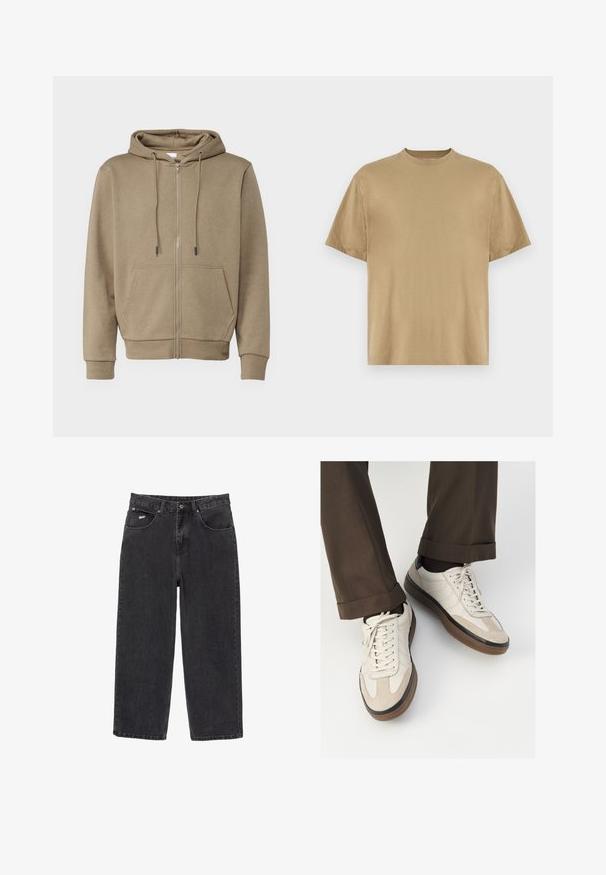 Világos barna cipzáras kapucnis pulóver húzózsinóros kapucnival, elöl zsebekkel, bordázott mandzsettákkal és szegéllyel. Puha, texturált anyagból készült a kényelem érdekében.; Khaki színű, rövid ujjú póló, puha anyagból készült, kerek nyakkivágással és lazább fazonnal. Minták vagy grafikák nem láthatók.; Fekete egyenes szárú farmernadrág öt zsebbe és gombos záródással, a jobb elülső zseben egy kis fehér logóval.; Beige sportcipők, texturált velúr elülső résszel, sima bőr oldalakkal és barna gumitalppal. Fűzők és világos varrási részletek is megtalálhatók.