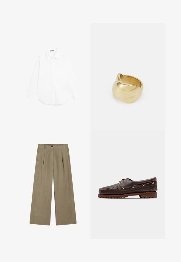 Brun kofta i mjukt tyg med V-ringning, knappstängning, två framfickor samt ribbade ärmslut och nederkant.; Massimo Dutti LONG BUTTONED - Blus - white; Ljust taupe breda byxor med en slät textur, med en framfåll, bältesslingor och en knappstängning vid midjan.; Bruna lädersko med båtstil, guldögon, runda skosnören och en texturerad brun gummisula. Har sydda detaljer och en upphöjd logotyp.; Guldfärgad ring med en slät, vriden design. Har en polerad yta och rundade kanter, vilket skapar en sömlös, flytande form.