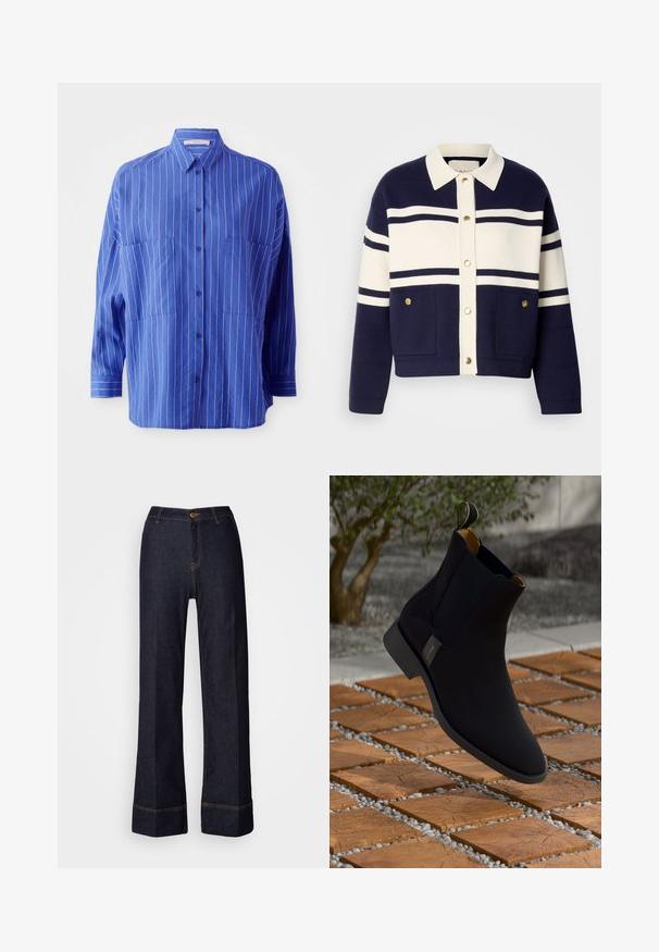 Marineblauwe en witte gestreepte jas, met een kraaghalslijn, gouden knoopsluitingen en twee details met voorzakken, gemaakt van een gestructureerde stof.; Blauwe overhemd met witte strepen, voorzien van een kraag, lange mouwen en twee voorzakken. Gladde stof met een iets losse pasvorm.; Donkerdenim wijde broek met hoge taille, voorzien van een knoopsluiting aan de voorkant en oranje stikselaccenten. Glad textuur overal.; Zwarte leren enkelboot met een gladde afwerking, gele binnenvoering en een trekband; geplaatst op een gestructureerd houten en grindoppervlak.