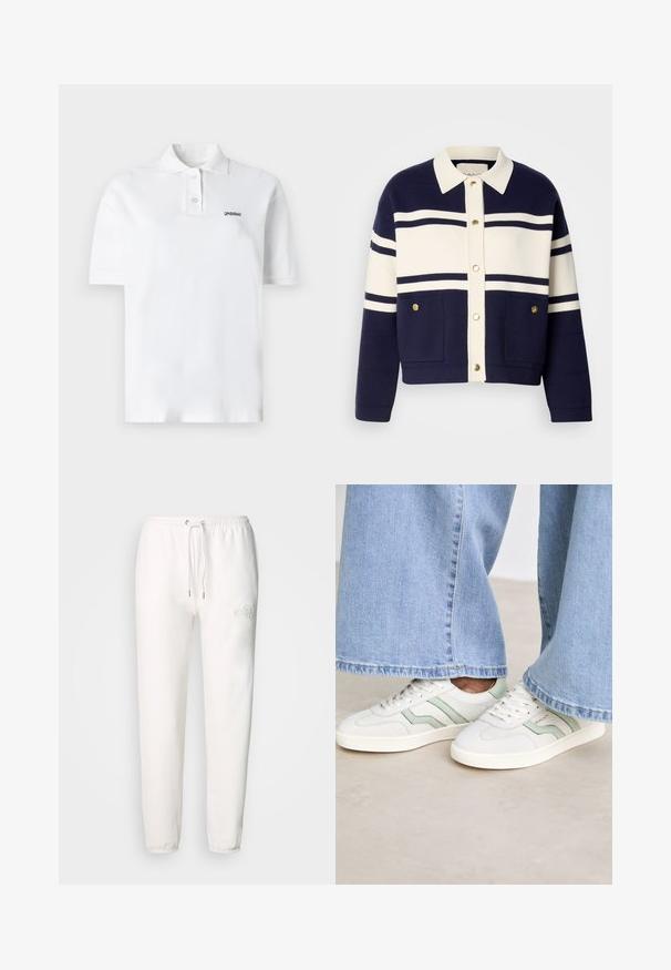 Jaka ar jūras zilu un baltu svītru dizainu, ar apkakles un zeltītām pogām, kā arī divām priekšējām kabatām, izgatavota no teksturēta auduma.; Balts polo krekls, izgatavots no kokvilnas, ar klasisku apkakli, trim pogām un nelielu melnu logotipu kreisajā krūtī. Īsas piedurknes.; Beli treniņbikses, izgatavotas no mīksta auduma, ar auklu jostasvietā un izšūtu logotipu uz kreisā augšstilba. Ar sašaurinātu kāju dizainu.; Baltas sporta apavi ar gaiši zaļiem akcentiem, teksturēta āda un plakanām gumijas zolems. Savienoti ar platām džinsa biksēm.