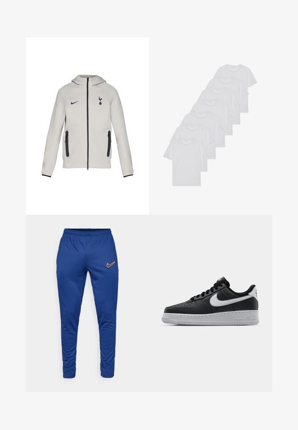 Svetlo šedá mikina na zips, ktorá má logo Nike a emblém Tottenhamu, čierne zipsy a akcenty, hladká tkanina a dizajn s kapucňou.; Biele bavlnené trička, krátke rukávy, dizajn s okrúhlym výstrihom, hladká textúra, naskladané v rade, so subtilným brandingom na výstrihu.; Modré športové nohavice vyrobené z hladkej tkaniny, s elastickým pásom a malým oranžovým logom Nike na ľavom stehne.; Čierne kožené tenisky s textúrovaným povrchom, biely Nike swoosh, šedá podrážka, okrúle špičky a šnurovací dizajn. Obsahuje perforácie na špičke.