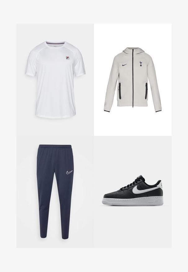 Sudadera con cremallera de color gris claro, que presenta un logo de Nike y el emblema del Tottenham, con cremalleras y acentos en negro, un tejido suave y un diseño con capucha.; Camiseta atlética blanca de manga corta, con cuello redondeado y pequeño logo rectangular de Fila en rojo, azul y negro en la parte superior izquierda del pecho.; Pantalones deportivos de color navy con cinturilla elástica, piernas ajustadas, hechos de una tela suave, con un logo blanco de Nike en el lado izquierdo.; Zapatilla negra de cuero con superficie texturizada, logo de Nike en blanco, suela gris, puntera redonda y diseño de encaje. Presenta perforaciones en la puntera.