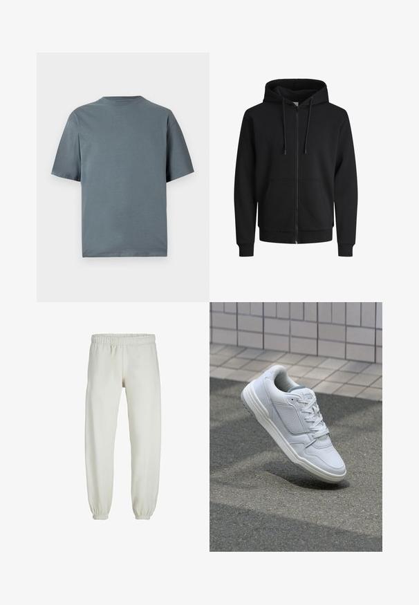 Black zip-up hoodie made of sweatshirt fabric. Features a drawstring hood, front pockets, ribbed cuffs, and waistband. Smooth texture.; Grey cotton t-shirt with short sleeves, crew neckline, and a relaxed fit. Smooth texture, minimal design, and no visible patterns or hardware.; White sweatpants made from soft fabric, featuring an elastic waistband and cuffs, with a smooth texture and loose-fitting design.; White leather sneaker with perforated sides, textured accents, flat laces, and a contrasting gray heel. Features a slightly elevated sole.