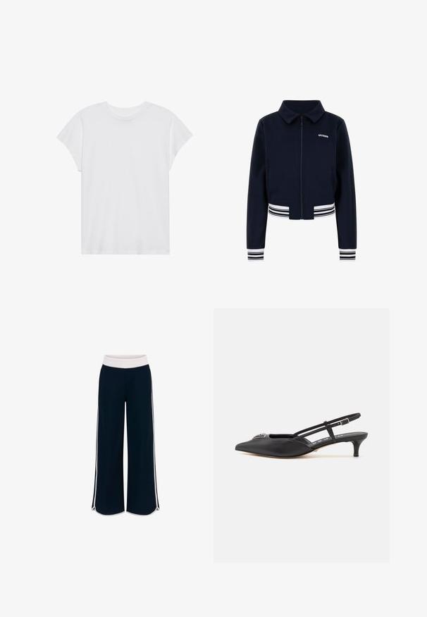 Marineblå cropped jakke med lynlås foran, klassisk krave, kontrasterende hvide stribede manchetter og et lille logo på brystet.; Hvid kortærmet t-shirt med rund hals, afslappet pasform, lavet af blødt bomuldsstof. Glat tekstur, ingen mønstre eller logoer.; Mørkeblå vid benbukser med hvid elastisk talje og kontrasterende sidestrokes. Glat tekstur med løs pasform og slidser i kanten.; Sorte slingback-sko med spids tå, lavet af glat materiale, med en lille hæl og en dekorativ sølvaccent på vamps.