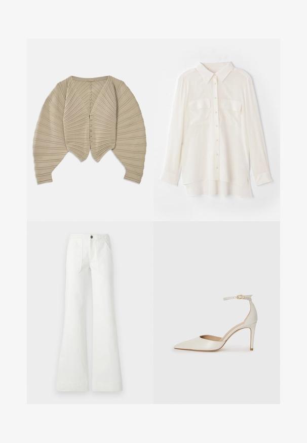 Beige pleated cardigan dengan leher V dalam yang dalam, penutupan kancing, dan lengan lebar, menampilkan tekstur bergaris di seluruhnya.; Valkoinen napillinen paita, joka on valmistettu kevyestä kankaasta. Ominaisuuksiin kuuluu klassinen kaulus, kaksi rintataskua ja hieman pidempi takahame.; Valkoiset levenevät housut, jotka on valmistettu kudotusta kankaasta, ja joissa on punottu vyötärö, kaksi etutaskua ja sileä pinta. Kiinnitetään mustalla napilla.; Valkoinen nahkainen korkokenkä, jossa on terävä kärkinen muoto, nilkkaremmi ja kapea korko. Suora pinta, jossa on hienovarainen kiiltävä viimeistely.