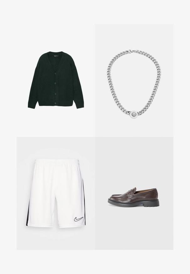Dunkelgrüner Cardigan aus weichem Strickstoff, mit V-Ausschnitt, gerippten Bündchen und fünf Knöpfen auf der Vorderseite. Entspannt geschnitten.; Zwei kurzärmelige Rundhals-T-Shirts, eines schwarz und eines weiß, aus weichem Baumwollmaterial mit einer gerippten Textur. Klassische Passform.; Weiße Nike Sportshorts mit elastischem Bund; verfügt über schwarze Seitenstreifen und ein schwarzes gesticktes Logo auf der unteren rechten Seite.; Braune Lederloafers mit glatter Oberfläche, runder Zehenpartie, minimaler Naht und dicker schwarzer Gummisohle. Kein sichtbares Zubehör oder Akzente.; Silberne Halskette mit dicken Gliedern und einem zentralen runden Anhänger mit filigranen Details. Glatte, reflektierende Metalloberfläche.
