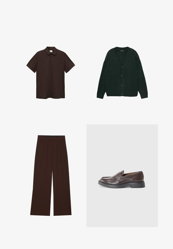 Tmavozelený kardigan vyrobený z jemne pleteného materiálu, s výstrihom do V, rebrovanými manžetami a piatimi gombíkmi v prednej časti. Uvoľnený strih.; Mango SEERP - Polokošeľa - brown; Hnedé nohavice s širokými nohavicami a plisovaním. Vyrobené z hladkej látky, s upraveným pásom a bočnými vreckami. Rovný lem na spodnej časti.; Hnedé kožené mokasíny s hladkým povrchom, okrúhlou špičkou, minimálnym prešívaním a hrubou čiernou gumovou podrážkou. Žiadne viditeľné kovové prvky ani akcenty.