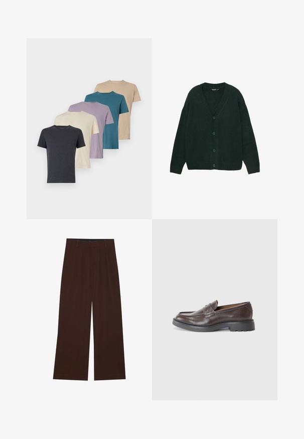 Sötétzöld kardigán puha kötött anyagból, V-nyakkivágással, bordázott mandzsettákkal és öt gombbal elöl. Lazán illeszkedő dizájn.; Öt rövid ujjú póló sötétszürke, krém, levendula, türkiz és bézs színben. Puha anyagból készült, kerek nyakkal és normál fazonnal.; Barna, széles lábú nadrág, plisszézett részleggel. Simább anyagból készült, szabott derékkal és oldalsó zsebekkel rendelkezik. Lapos szegéllyel az alsó részen.; Barna bőr loaferek sima felülettel, kerek orral, minimális varrással és vastag fekete gumitalppal. Nincs látható fém vagy díszítés.