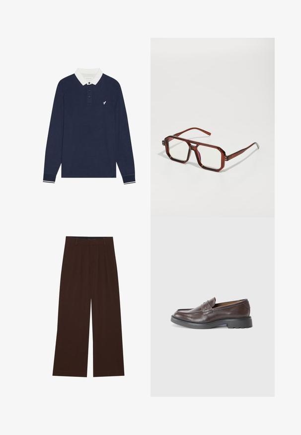 Tummanvihreä neulecardigan, joka on valmistettu pehmeästä neulekankaasta. Siinä on V-pääntie, ribbireunat hihansuissa ja viisi nappia edessä. Rentoa istuvuutta.; Laivastonsininen pitkähihainen polo paita, jossa on valkoinen kaulus, kolmen napin listakankaat ja brodeerauslogo. Sisältää valkoiset ja laivastonsiniset raidalliset hihansuut.; Ruske leve široke hlače z gubami. Narejene so iz gladkega blaga, z oblikovanim pasom in stranskimi žepi. Ravna obleka na dnu.; Ruske nahkalenkkarit, joilla on sileä pinta, pyöreä varvas, minimaalinen ommel ja paksu musta kumipohja. Ei näkyvää varustusta tai koristeita.; Ruskeista läpinäkyvistä ylisuurista laseista, joissa on suorakulmaiset linssit ja hoikat varsiosat. Kulmat ovat viistetyt ja hieman pyöristetyt, ja näkyviä varusteita on lisätty.; Hopeaketju, jossa on paksuja lenkkejä ja keskellä hienostuneesti yksityiskohtainen pyöreä riipus. Sileä, heijastava metallipinta.