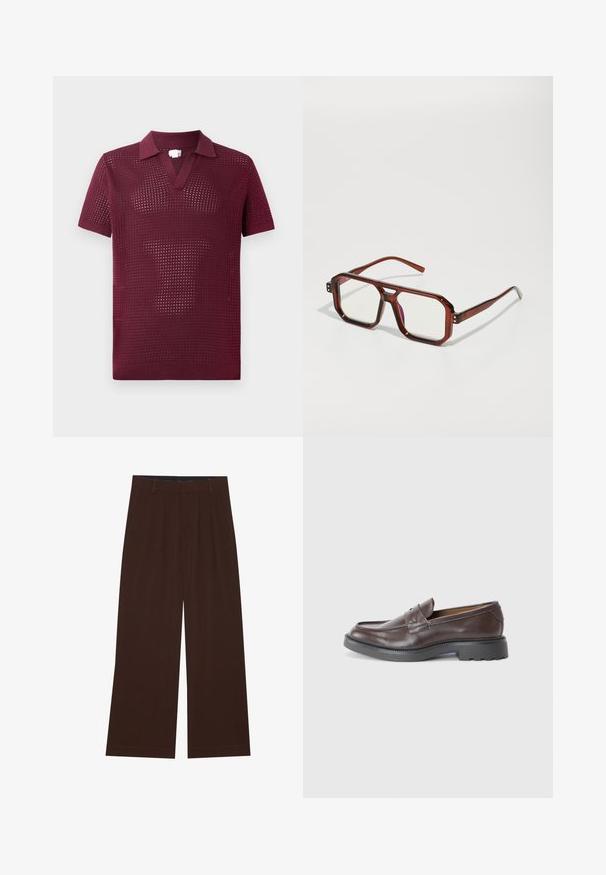 Mørkegrøn cardigan lavet af blødt strikstof, med V-hals, ribbede manchetter og fem knapper foran. Løs pasform.; Bordeaux kortærmet polo-shirt med tekstureret åben væv, har V-hals og en struktureret krave, lavet af let strikket materiale.; Brune bredbenede bukser med plisseringer. Lavet af et glat stof, der har en skræddersyet talje og sidelommer. Flad kant nederst.; Brune læder loafers med en glat overflade, rund tå, minimal syning og en tykk sort gummisål. Ingen synlig hardware eller accenter.; Brune gennemsigtige oversized briller med rektangulære linser og slanke stænger. Skrå, let afrundede hjørner og synlige hardware-detaljer.; Sølv kædedyse med tykke led og et centralt cirkulært vedhæng med indviklet detaljering. Glat, reflekterende metaloverflade.