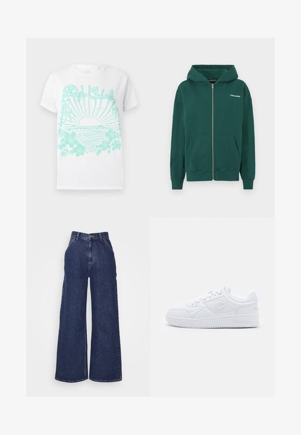 Grüne Zip-up-Hoodie aus weichem Material, mit Kapuze, vorderen Taschen und einem kleinen weißen Logo im linken Brustbereich.; Weißes T-Shirt mit kurzen Ärmeln und türkisfarbenem Aufdruck einer Sonne, die über den Wellen des Ozeans untergeht, mit Palmen, Hibiskusblüten und dem Text "Rip Curl".; Weite Denim-Jeans in dunkelblau, mit hoher Taille, Fronttaschen und einem Reißverschluss mit Metallknopf. Glatte Textur und klassisches Design.; Weiße Sneaker aus glattem Synthetikmaterial, mit runder Zehenpartie, flacher Sohle und dezenten Logoakzenten an den Seiten. Klassisches Low-Top-Design.
