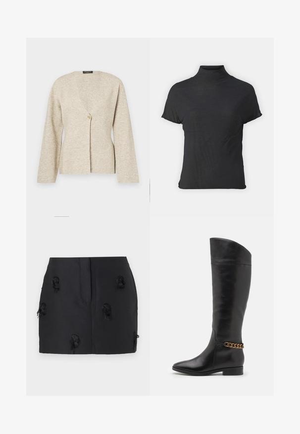 Beige neuletakki, joka on valmistettu pehmeästä neulekankaasta. Siinä on V-pääntie, pitkät hihat ja edessä yksi kultainen napitus.; Musta lyhythihainen turtleneck-paita, joka on valmistettu kevyestä kankaasta, jossa on sileä rakenne ja tiukka muotoilu, ja siinä on korkea kaulus.; Musta hame, jossa on tiukasti istuva muotoilu ja säädyllisiä, purkautuneita korostuksia kankaan pinnalla. Sujuva materiaali ilman näkyviä kiinnityksiä.; Pitkiä mustista nahkasaappaista, joissa on tyylikäs muotoilu, terävä kärki ja kultaketjuakseli nilkassa. Matala lohko korko. Sujuva pinta.