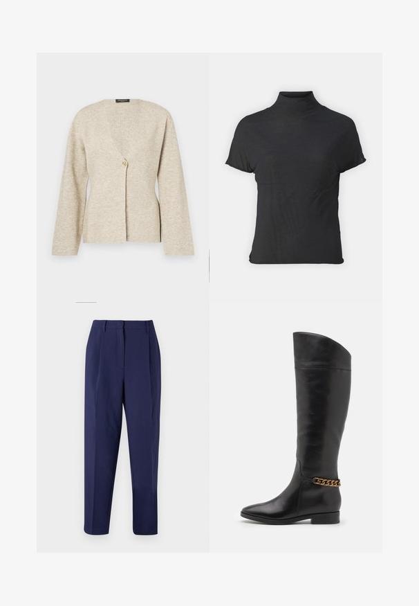 Beige cardigan made of soft knit fabric, featuring a V-neck, long sleeves, and a single gold button closure at the front.; Black short-sleeve turtleneck top made of lightweight fabric with a smooth texture and a fitted shape, featuring a high neckline.; Navy trousers with a tailored design. Features front pleats, a smooth texture, and a straight-leg cut. No visible pockets or embellishments.; Tall black leather boots with a sleek design, pointed toe, and a gold chain accent at the ankle. Low block heel. Smooth texture.