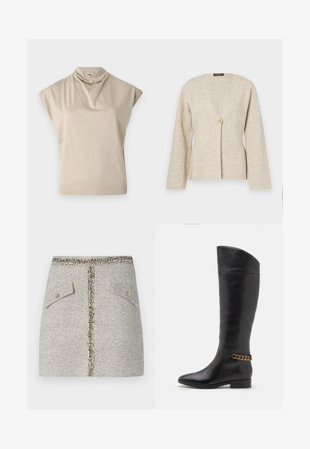 Beige cardigan lavet af blødt strikket stof, med V-hals, lange ærmer og en enkelt guldknaplukning foran.; Beige kortærmet top med draperet cowl-udskæring. Glat tekstur, tætsiddende talje og ribbet kant. Fremstillet af letvægts, strækbart stof.; Vævet tweed nederdel i hvid og sort herringbone mønster, med to for- lommer og en guldfarvet lynlås bagpå med frynset kant.; Høje sorte læderstøvler med et slankt design, spids tå og en guld kædeaccent ved anklen. Lav blokhæl. Glat overflade.