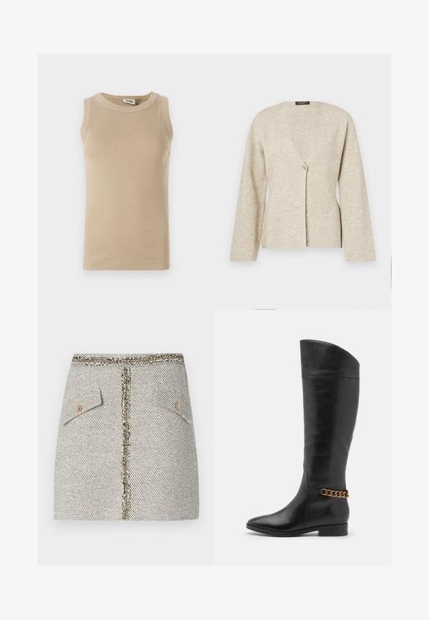 Beige cardigan made of soft knit fabric, featuring a V-neck, long sleeves, and a single gold button closure at the front.; Beige sleeveless top made of ribbed fabric with a round neck, featuring tonal stitching and a fitted design.; Woven tweed skirt in white and black herringbone pattern, features two front pockets and a gold-tone zipper at the back with frayed edges.; Tall black leather boots with a sleek design, pointed toe, and a gold chain accent at the ankle. Low block heel. Smooth texture.