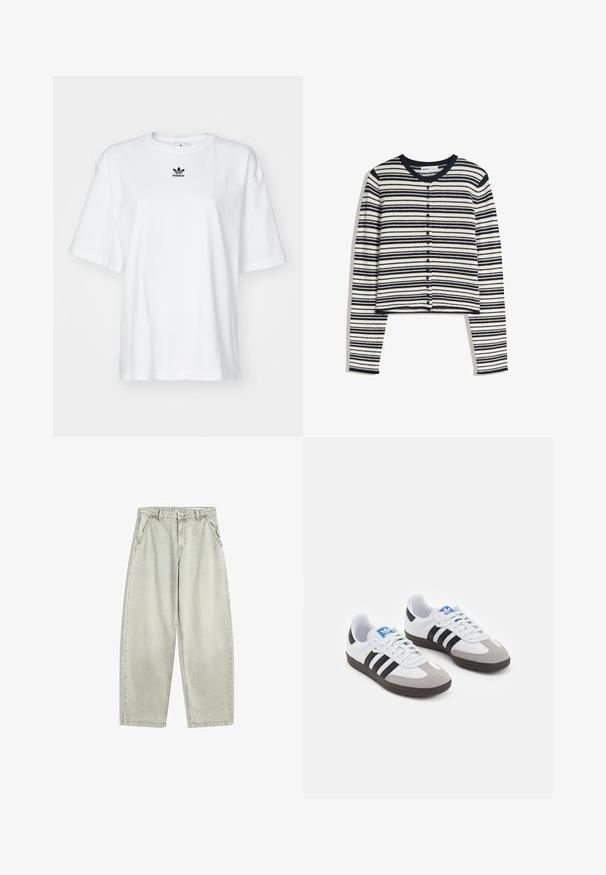Striped cardigan in navy and white, made from textured knit fabric. Features a round neckline and front buttons with long sleeves.; White short-sleeve t-shirt made of cotton. Features a crew neck and a small black Adidas logo on the chest. Straight-cut hem.; Light grey denim jeans with a high waist, front button and zip, slanted side pockets, and wide straight legs.; Sport shoes with a white leather upper, gray suede toe, and three black stripes. Features a blue logo on the tongue and a textured rubber sole.