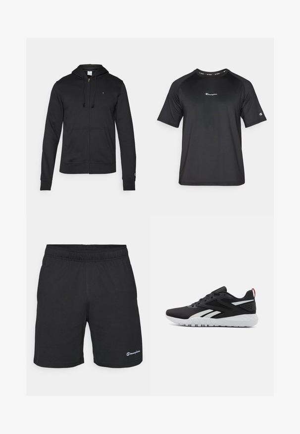 Champion ICONS TONAL FULL ZIP HOODIE - Cipzáras pulóver - black; Champion LIGHT STRETCH - Sportfelső - black; Fekete sportnadrág rugalmas derékkal, puha anyagból készült, az alsó bal oldalon egy kis fehér logóval.; Fekete sportcipők, hálós felsőrésszel, fehér részletekkel, textúrázott talppal és piros sarkú szalaggal a további részletekért.