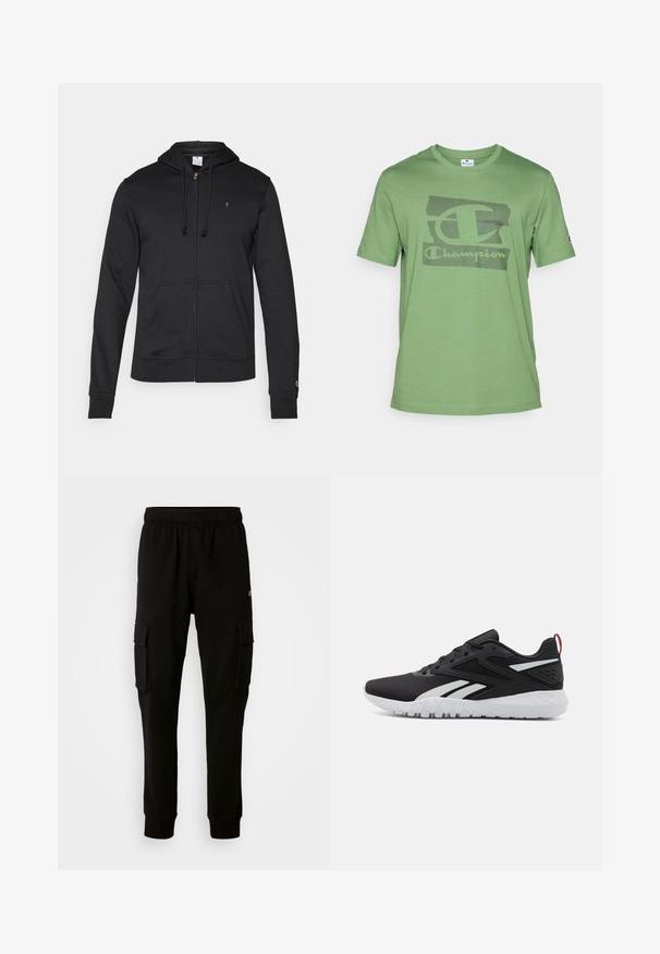 Champion ICONS TONAL FULL ZIP HOODIE - Užtrauktuku užsegamas treningas - black; Žalias medvilninis marškinėliai trumpomis rankovėmis, su tekstūriniu juodu "Champion" logotipu priekyje ir apvaliu kaklu.; Juodos cargo kelnės pagamintos iš medvilnės mišinio, su elastingu juosmeniu, dviem šoninėmis kišenėmis ir užlenktais apačiais, kad atrodytų siaurai.; Juodi sportiniai batai su tinkliniu viršumi, baltais akcentais, tekstūruotu padu ir raudona kulno juostele, kuri prideda papildomų detalių.