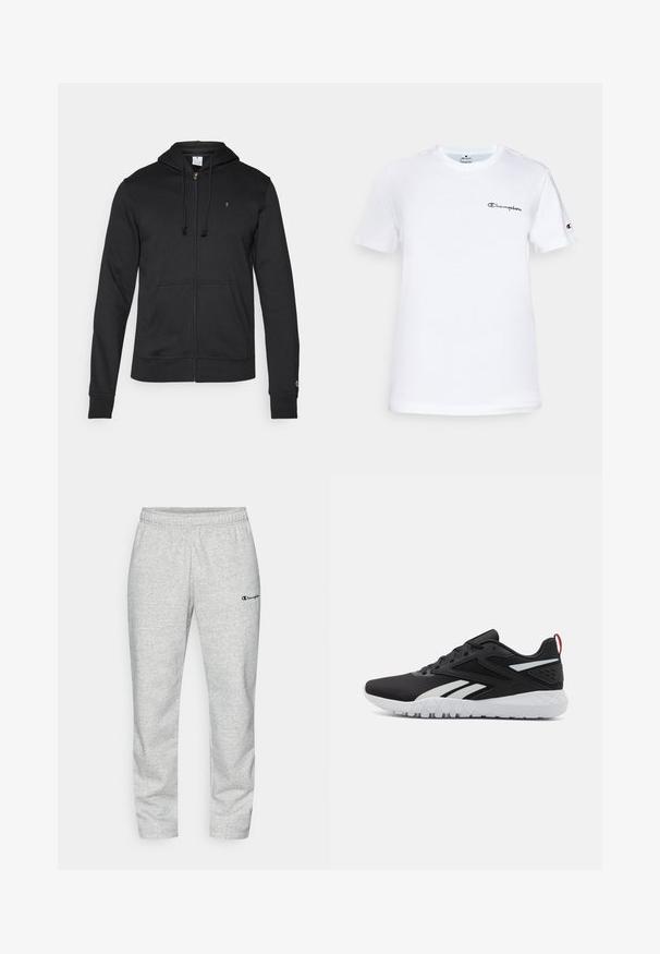 Champion ICONS TONAL FULL ZIP HOODIE - Cipzáras pulóver - black; Fehér pamut póló kerek nyakkivágással, rövid ujjakkal, és fekete hímzett "Champion" logóval a mellkason és az ujjon.; Szürke pamut keverék sportnadrág, elasztikus derékpánttal, a bal lábon egy kis hímzett kék logóval.; Fekete sportcipők, hálós felsőrésszel, fehér részletekkel, textúrázott talppal és piros sarkú szalaggal a további részletekért.