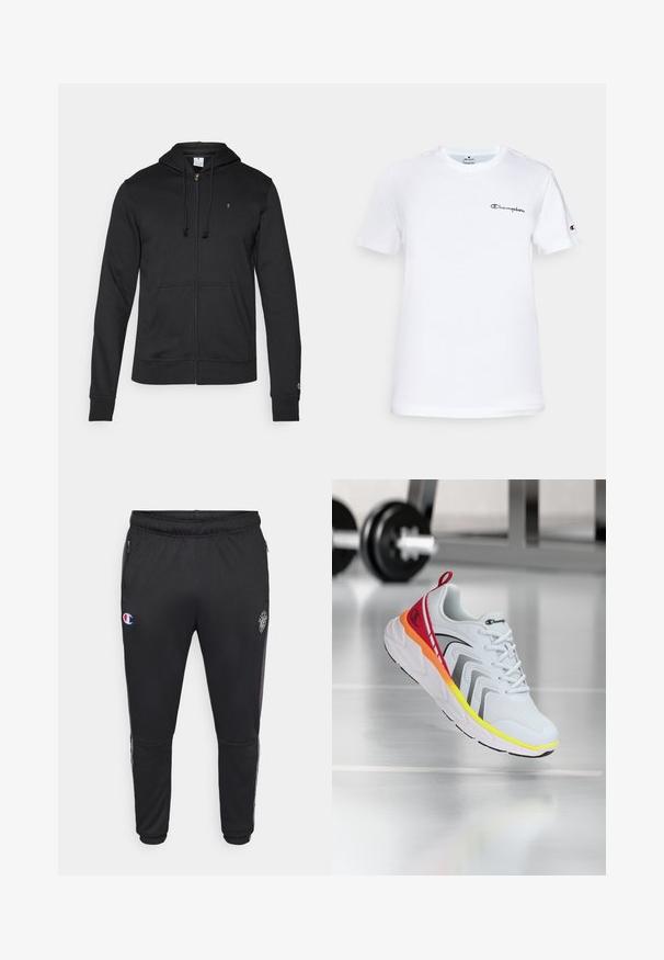 Champion ICONS TONAL FULL ZIP HOODIE - Mikina so zipsom - black; Biela bavlnená tričko s okrúhlym výstrihom, krátkymi rukávmi a čiernym vyšitým logom "Champion" na hrudi a na akcentoch rukávov.; Čierne športové nohavice s priliehavým strihom, vyrobené z hladkej látky. Obsahujú zipsové vrecká a akcenty loga Champion na ľavom stehne.; Biele športové topánky s mesh vrchnou časťou, farebnými akcentmi v červenej, oranžovej a žltej farbe, s textúrovanou podrážkou a čiernymi detailami.