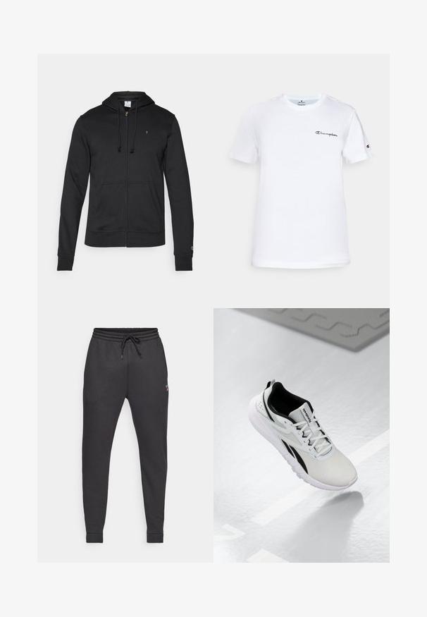 Champion ICONS TONAL FULL ZIP HOODIE - Užtrauktuku užsegamas treningas - black; Balta medvilninė marškinė su apvaliu kaklu, trumpomis rankovėmis ir juodu siuvinėtu "Champion" logotipu ant krūtinės bei rankovės akcentu.; Juodos sportinės kelnės, pagamintos iš minkštos medžiagos, su raišteliu reguliuojamu liemeniu, siaurėjančiomis kojomis ir raukšlėmis ties kulkšnimis. Išsiuvinėtas logotipo detalė šone.; Šviesiai pilki sportiniai batai su juodais akcentais, tekstūruota tinklinė viršutinė dalis, paminkštintas padas ir raišteliais užsegamas užsegimas. Yra kulno traukimo kilpelė.
