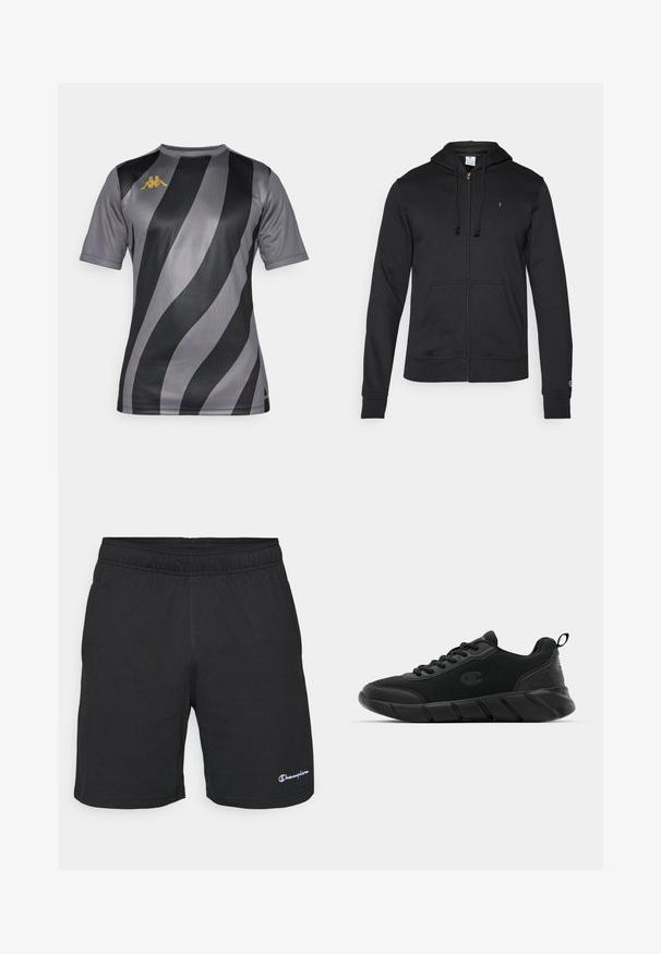 Champion ICONS TONAL FULL ZIP HOODIE - Sweatjakke - black; Kortærmet sportstrøje i grå med kraftige sorte og lysere grå striber. Har et guld logo på venstre bryst. Glat struktur.; Sorte atletiske shorts med elastisk linning, lavet af blødt stof, med et lille hvidt logo i nederste venstre hjørne.; Sort atletiske sneakers med en mesh-overdel, forstærket tå, struktureret mellemsål og bageste trækhåndtag for nem påføring. Logo vist på siden.