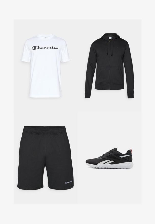 Champion ICONS TONAL FULL ZIP HOODIE - Camisola com fecho - black; T-shirt branca de algodão com mangas curtas, apresentando um logótipo "Champion" em caligrafia preta na parte frontal. Decote redondo e corte descontraído.; Calções atléticos pretos com um cós elástico, feitos de um tecido macio, apresentando um pequeno logótipo branco no lado inferior esquerdo.; Roupas de atletismo pretas com um acabamento em rede, detalhes em branco, sola texturizada e uma aba no calcanhar vermelha para um toque adicional.