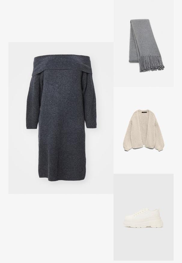Bő, kötött, nyitott elülső bézs kardigán, ballon ujjakkal és bordás mandzsettákkal, fehér háttér előtt bemutatva.; Vállnélküli, sötétszürke kötött ruha hosszú ujjakkal, laza szabással és bordázott nyakkivágással, amely texturált anyagot mutat be.; Fehér vászon sportcipő vastag talppal, lekerekített orral és öt fűzőlyukkal. Hátulján egy fül a könnyű felvétel érdekében. Simára kidolgozott textúra, minimális dizájn.; Szürke gyapjú sál, puha tapintással, rojtos szélekkel és egyszerű dizájnnal. Gondosan hajtogatva, megjelenítve hosszúkás formáját.
